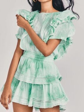 LoveShackFancy Natasha Ruffle Mini Dress size XS in preppy green